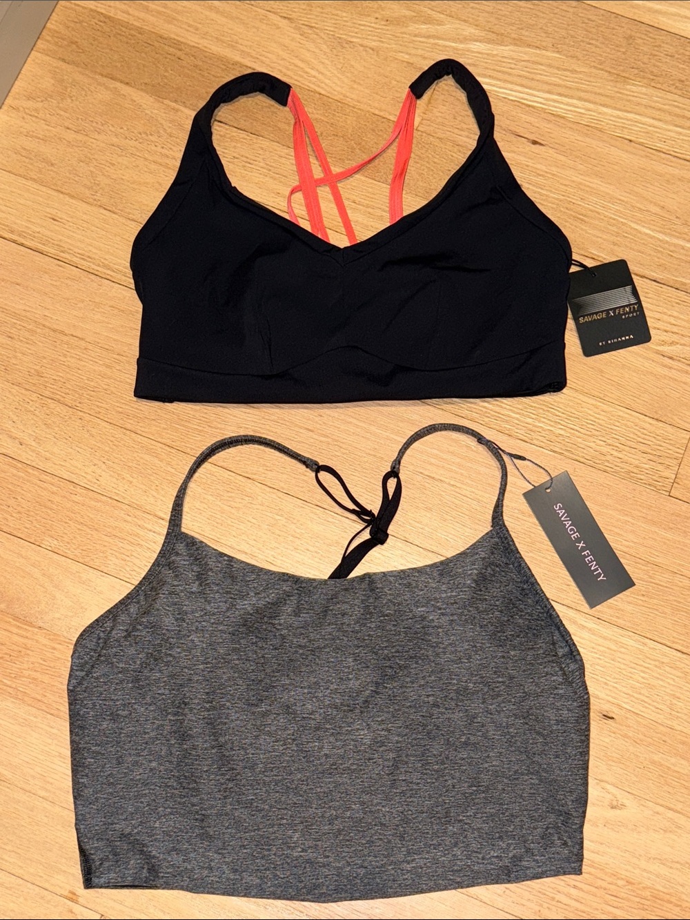 Savage X Fenty Black Bralette with Coral Straps & Heather Gray Crop Top Duo